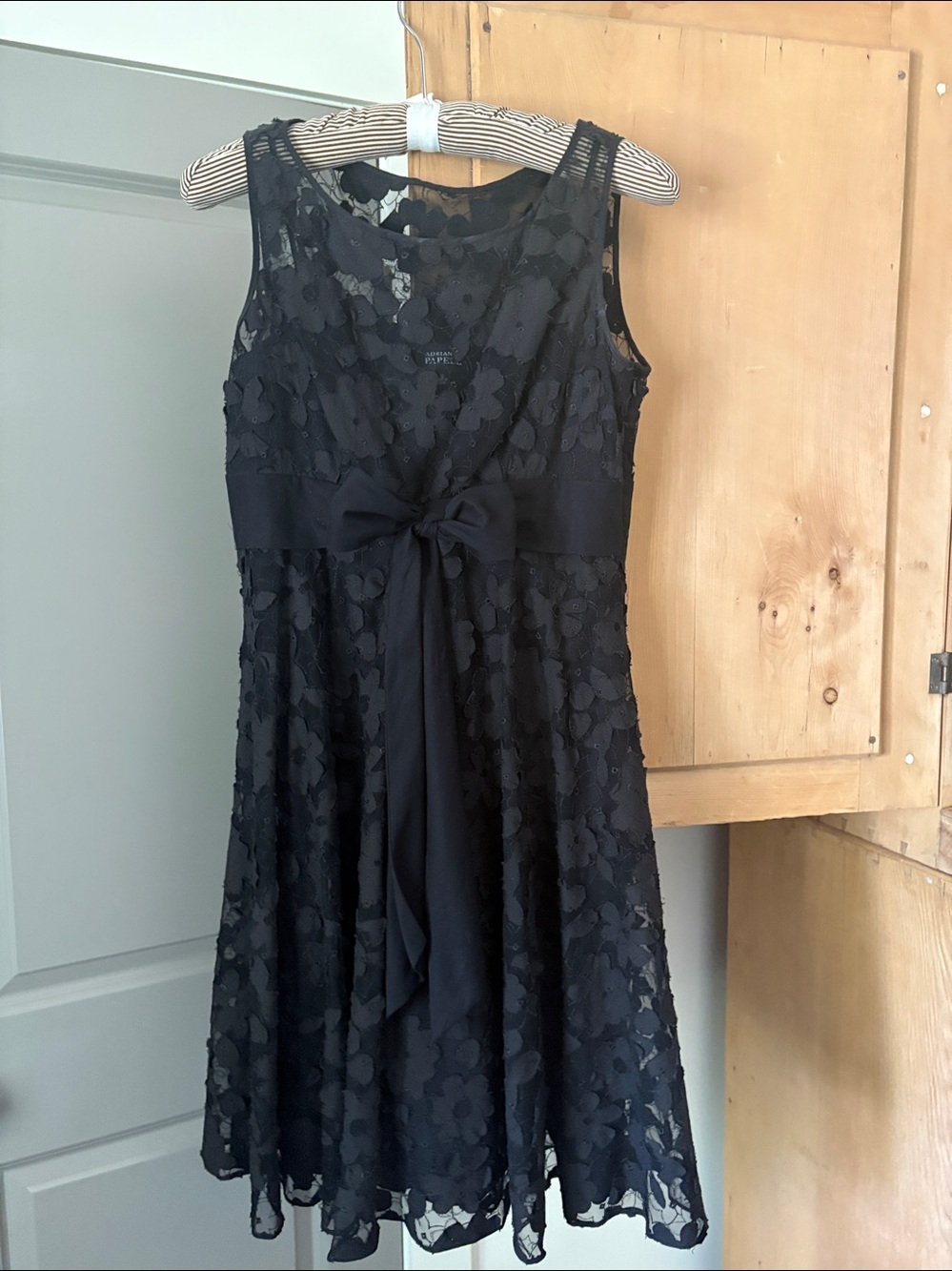 Adrianna Papell Black Floral Lace A-Line Dress with Waist Tie
